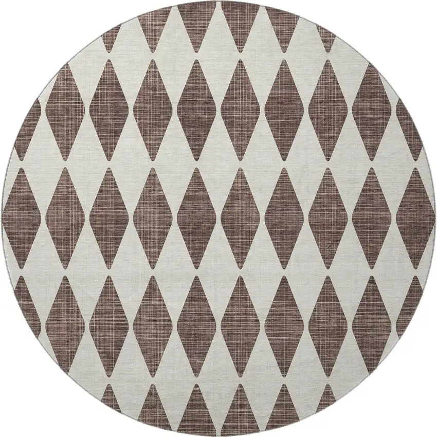 8' Brown And Ivory Diamond Washable Round Rug With UV Protection Photo 4