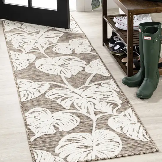 8' Brown And Ivory Floral Indoor Outdoor Runner Rug Photo 4