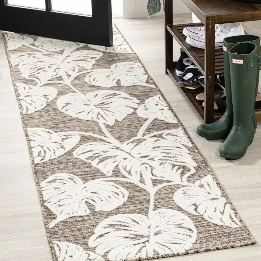 8' Brown And Ivory Floral Indoor Outdoor Runner Rug Photo 4