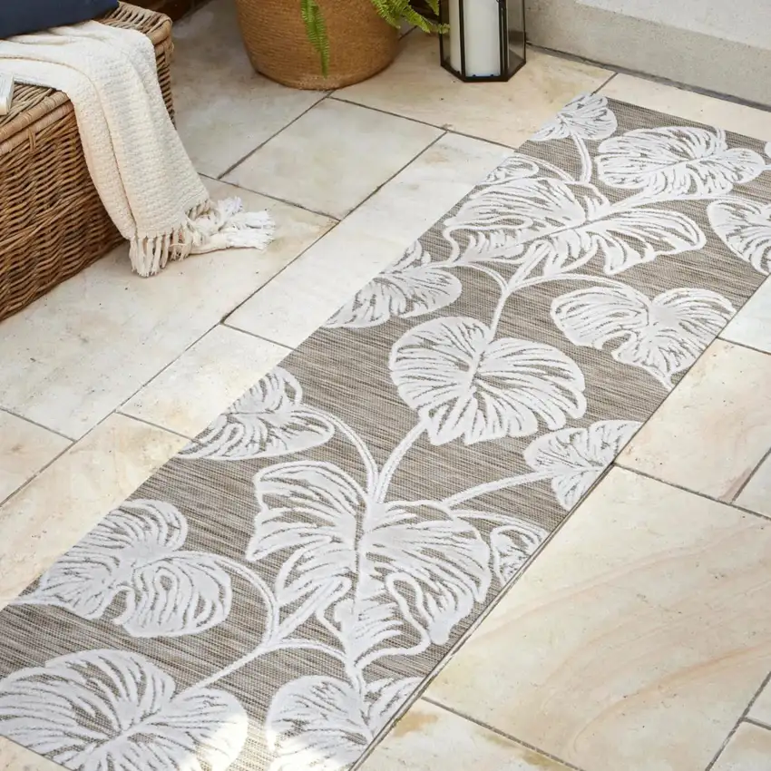 8' Brown And Ivory Floral Indoor Outdoor Runner Rug Photo 5