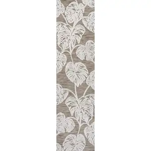 Photo of 8' Brown And Ivory Floral Indoor Outdoor Runner Rug