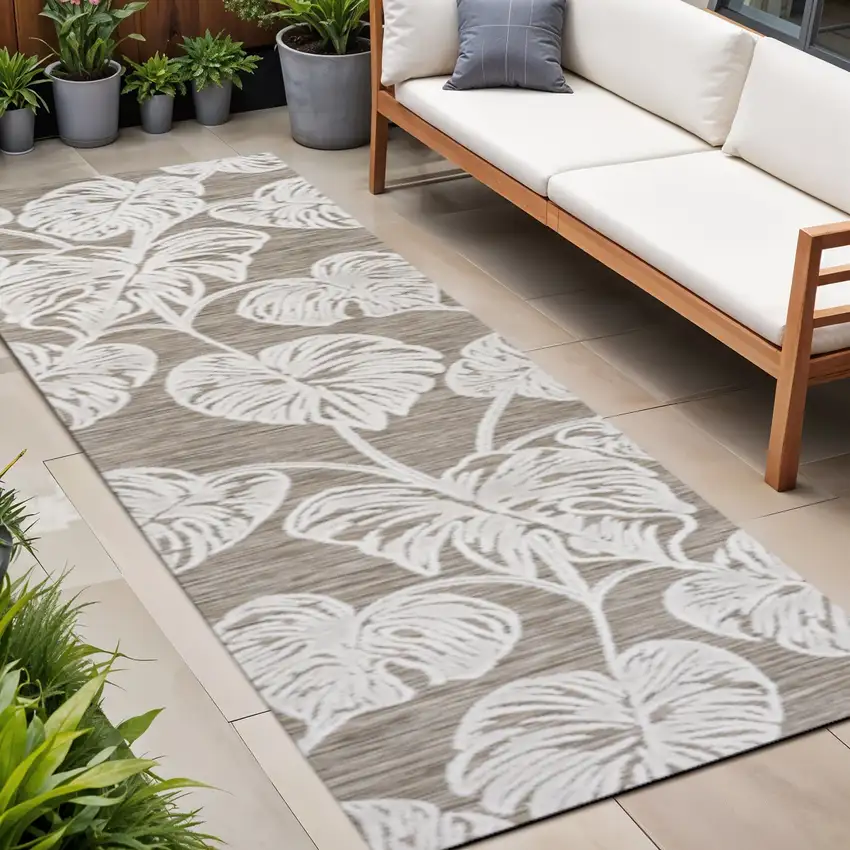 8' Brown And Ivory Floral Indoor Outdoor Runner Rug Photo 1