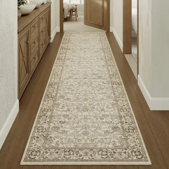8' Brown And Ivory Floral Medallion Distressed Washable Runner Rug Photo 4