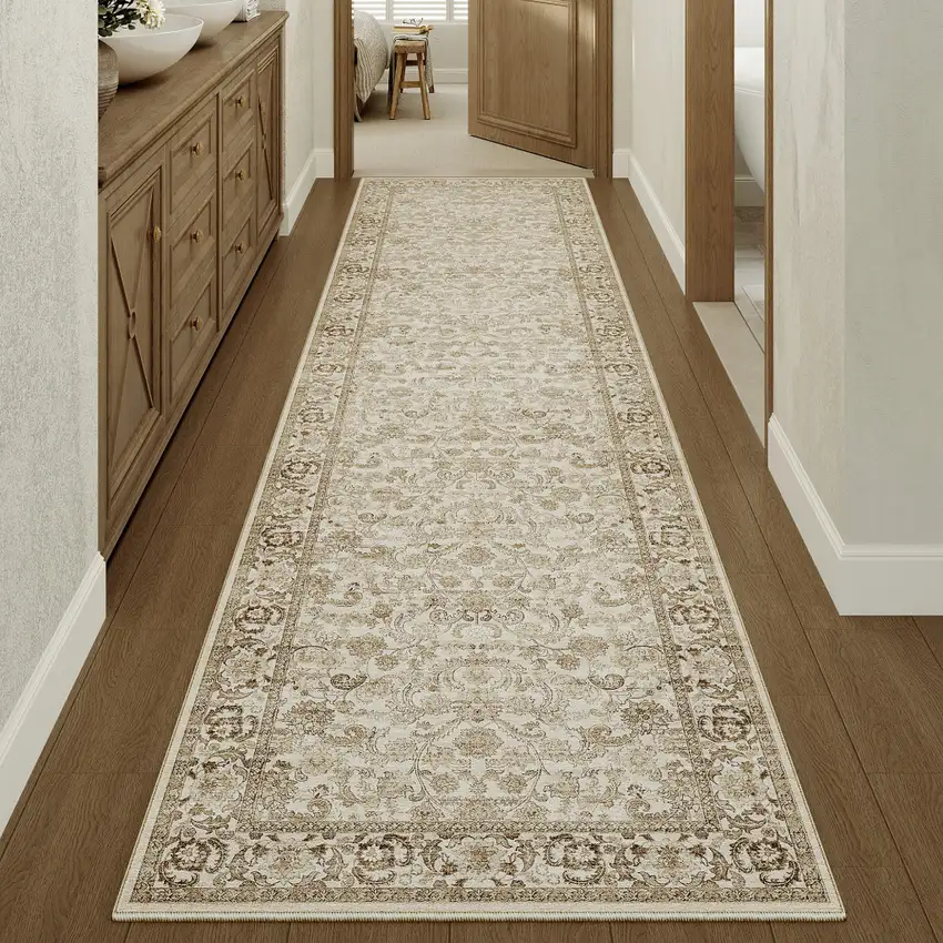 8' Brown And Ivory Floral Medallion Distressed Washable Runner Rug Photo 4