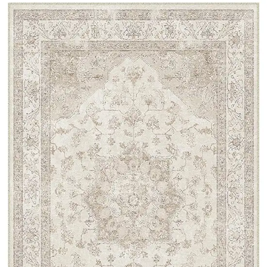 8' Ivory And Brown Floral Medallion Washable Runner Rug Photo 5
