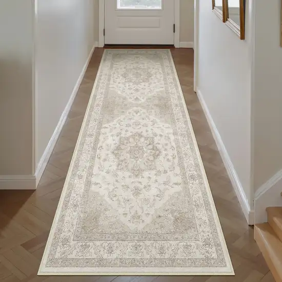 8' Ivory And Brown Floral Medallion Washable Runner Rug Photo 6