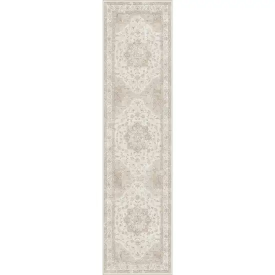 8' Ivory And Brown Floral Medallion Washable Runner Rug Photo 4