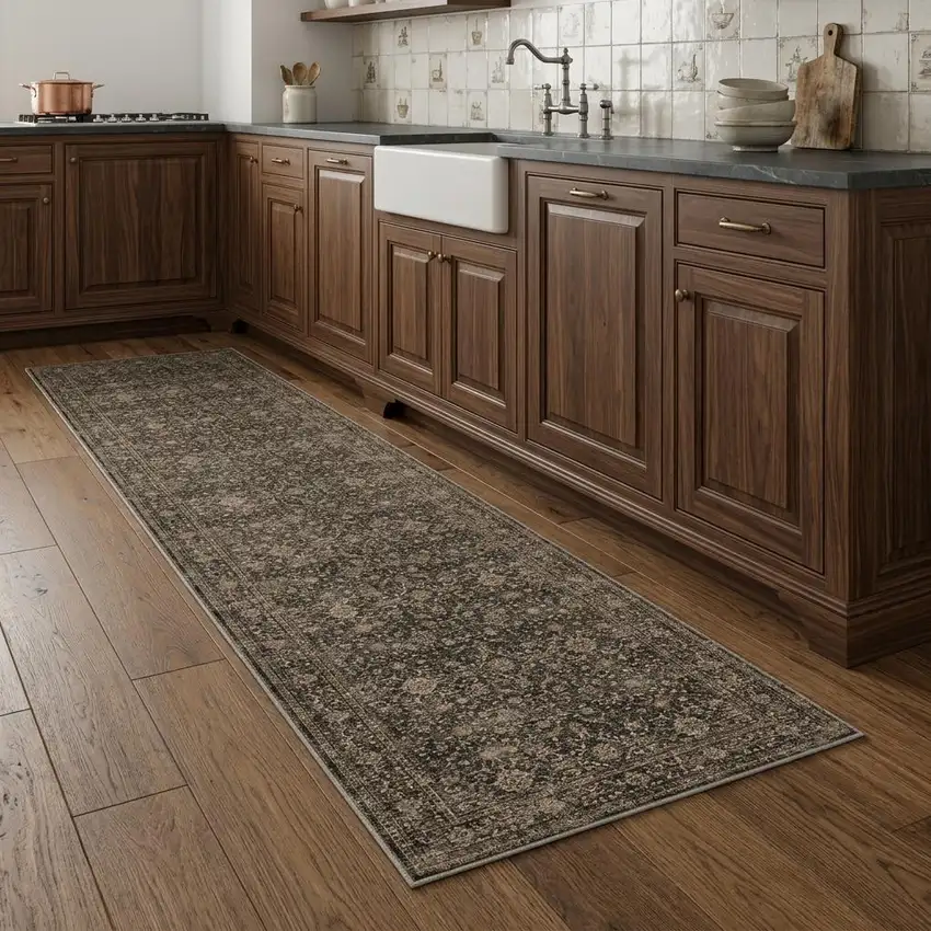 8' Brown And Beige Floral Medallion Washable Runner Rug Photo 1