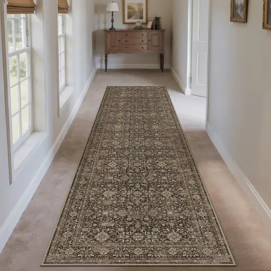 8' Brown And Ivory Floral Washable Area Rug Photo 4