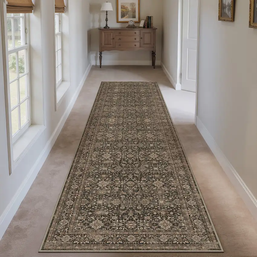 8' Brown And Ivory Floral Washable Area Rug Photo 4