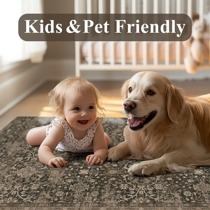 8' Brown And Ivory Floral Washable Area Rug Photo 7