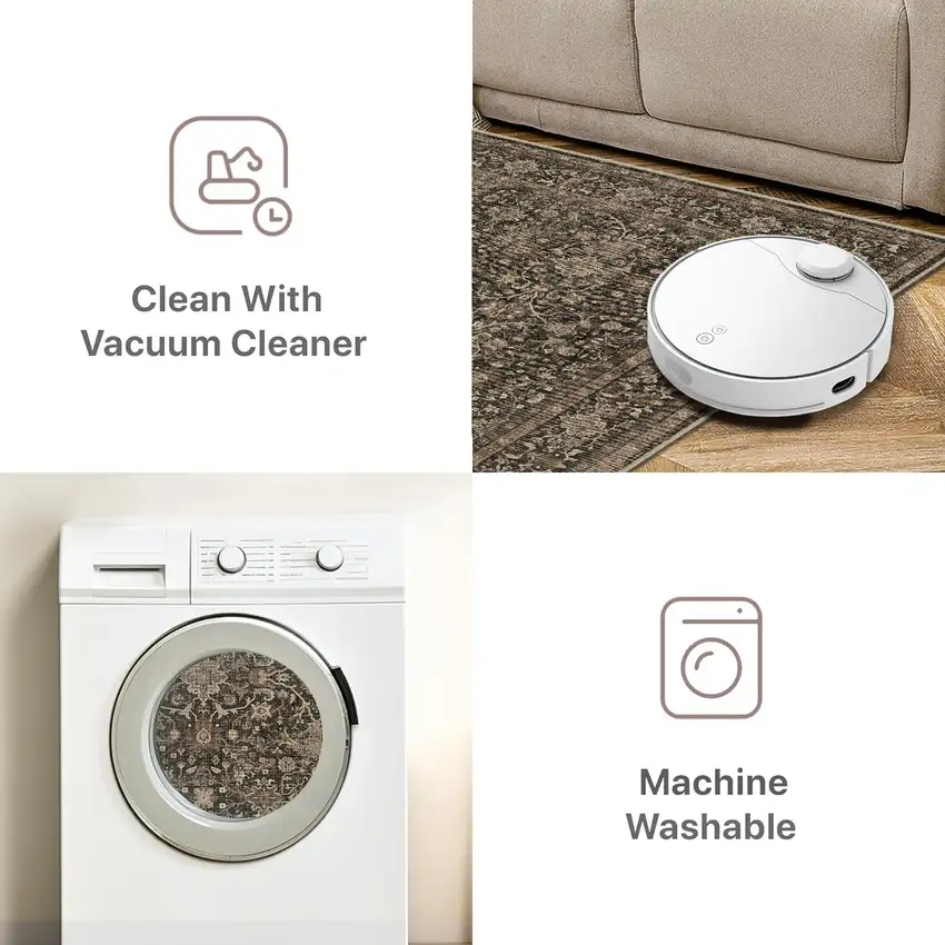 8' Brown And Beige Floral Medallion Washable Runner Rug Photo 8