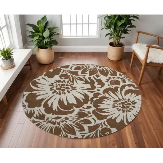 8' Brown And Ivory Floral Washable Round Rug With UV Protection Photo 2