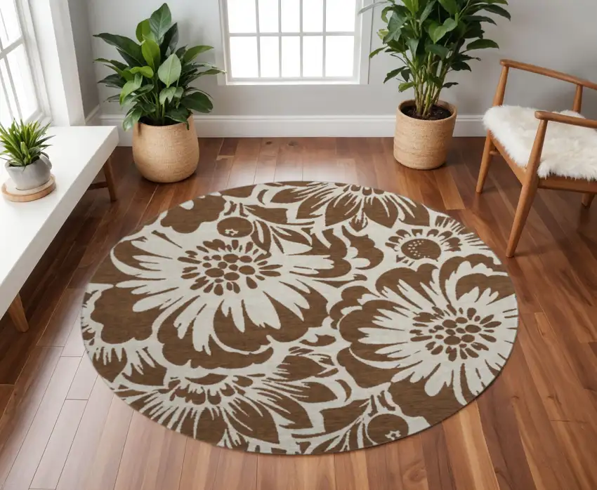 8' Brown And Ivory Floral Washable Round Rug With UV Protection Photo 2
