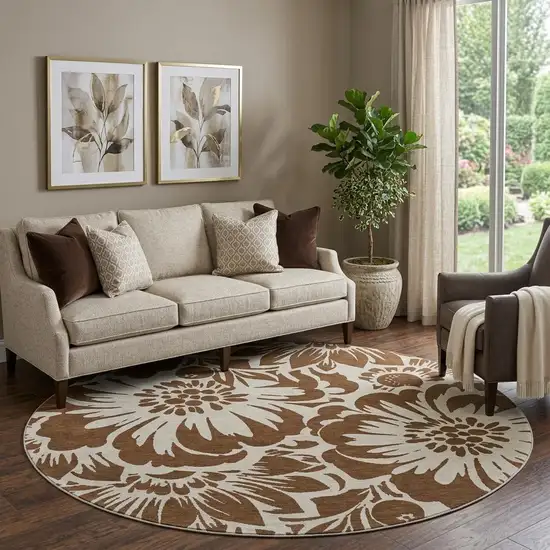 8' Brown And Ivory Floral Washable Round Rug With UV Protection Photo 1