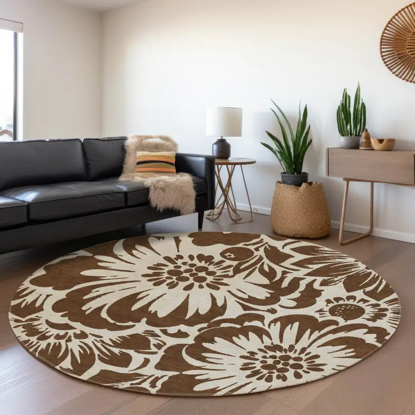 8' Brown And Ivory Floral Washable Round Rug With UV Protection Photo 5