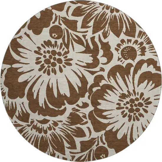 8' Brown And Ivory Floral Washable Round Rug With UV Protection Photo 1