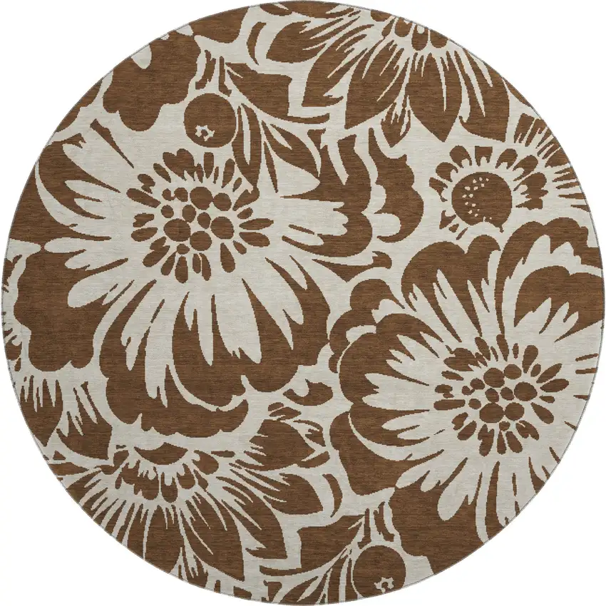 8' Brown And Ivory Floral Washable Round Rug With UV Protection Photo 1