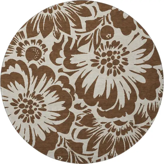 8' Brown And Ivory Floral Washable Round Rug With UV Protection Photo 4
