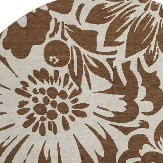 8' Brown And Ivory Floral Washable Round Rug With UV Protection Photo 3