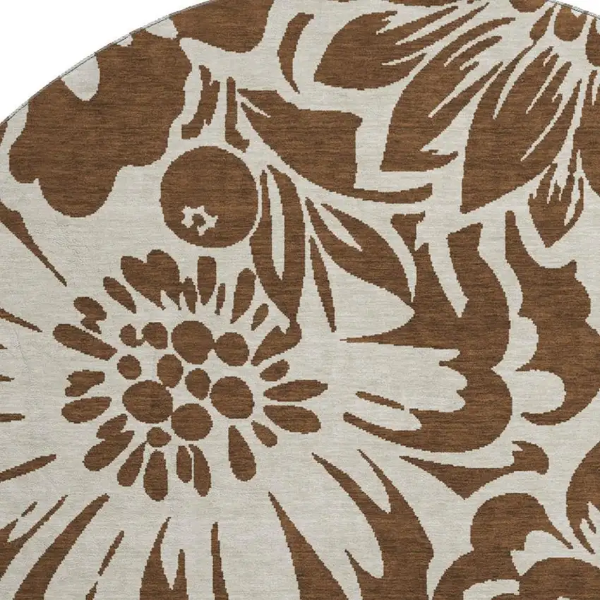 8' Brown And Ivory Floral Washable Round Rug With UV Protection Photo 3