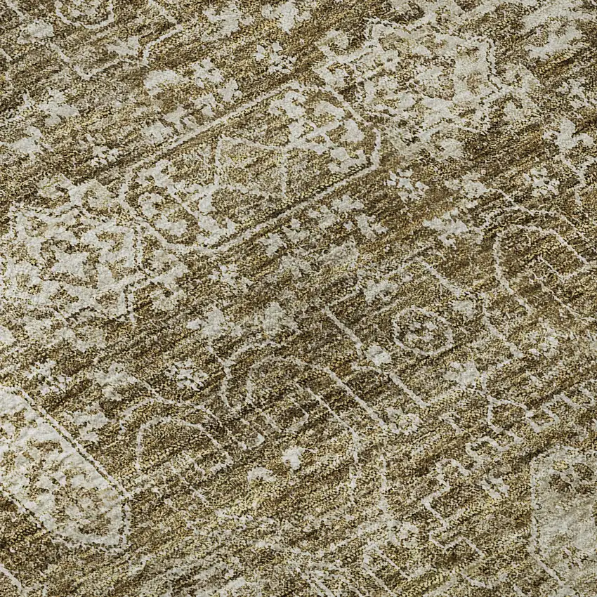 8' Brown And Ivory Floral Washable Round Rug With UV Protection Photo 9