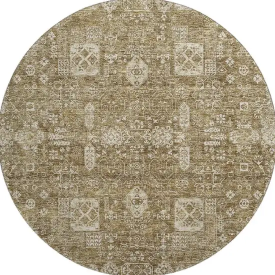 8' Brown And Ivory Floral Washable Round Rug With UV Protection Photo 3