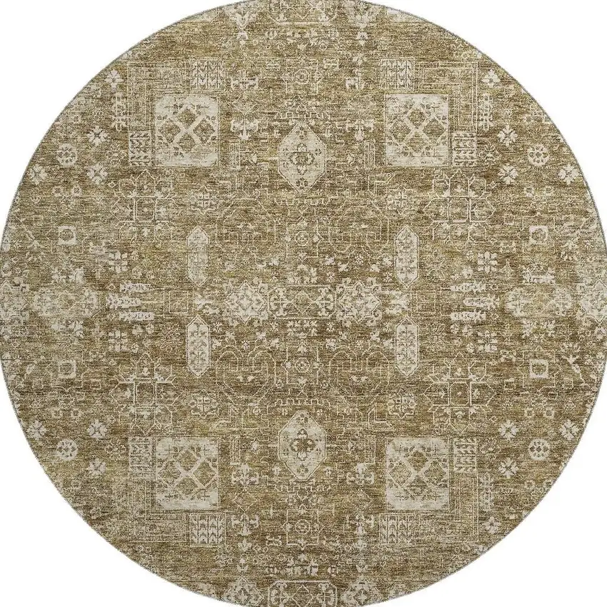 8' Brown And Ivory Floral Washable Round Rug With UV Protection Photo 3