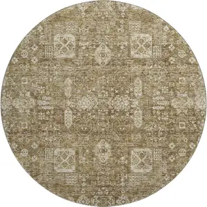 Photo of 8' Brown And Ivory Floral Washable Round Rug With UV Protection