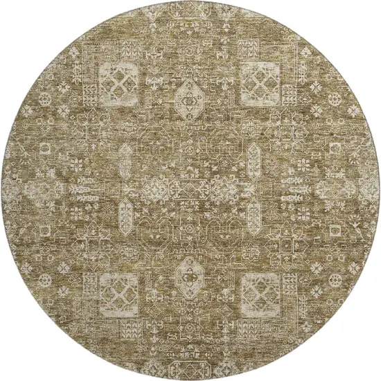 8' Brown And Ivory Floral Washable Round Rug With UV Protection Photo 1