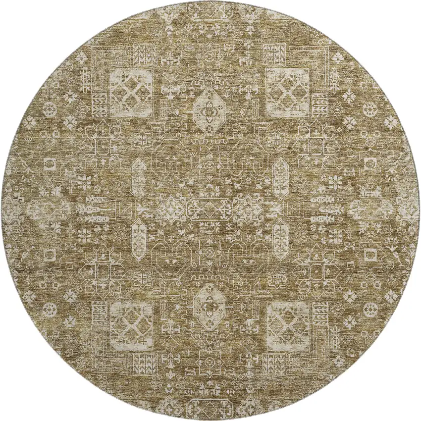 8' Brown And Ivory Floral Washable Round Rug With UV Protection Photo 1