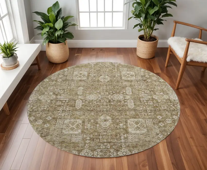 8' Brown And Ivory Floral Washable Round Rug With UV Protection Photo 2