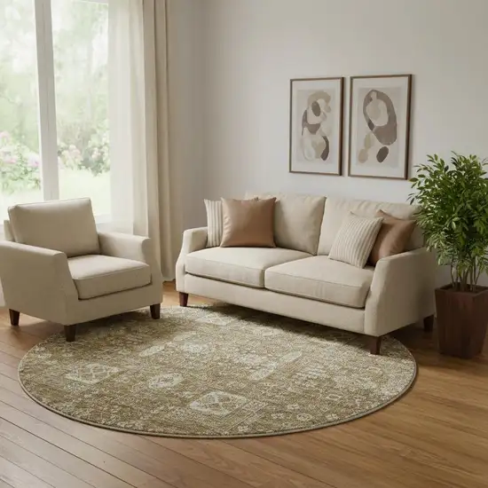 8' Brown And Ivory Floral Washable Round Rug With UV Protection Photo 1