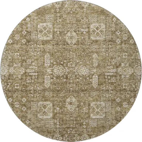 8' Brown And Ivory Floral Washable Round Rug With UV Protection Photo 4