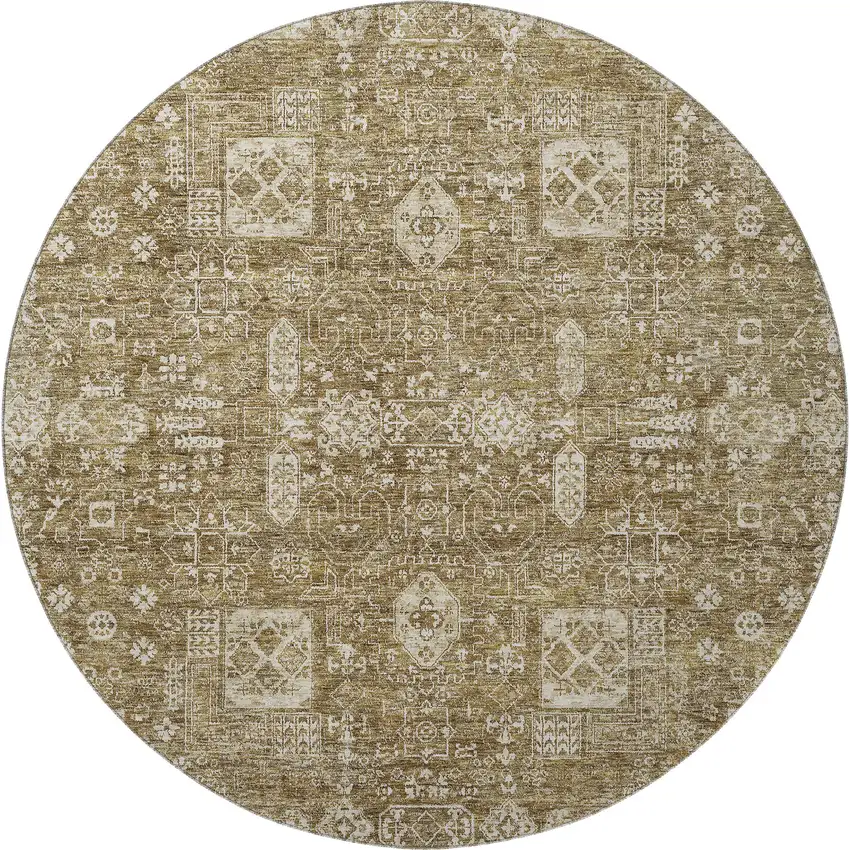 8' Brown And Ivory Floral Washable Round Rug With UV Protection Photo 4