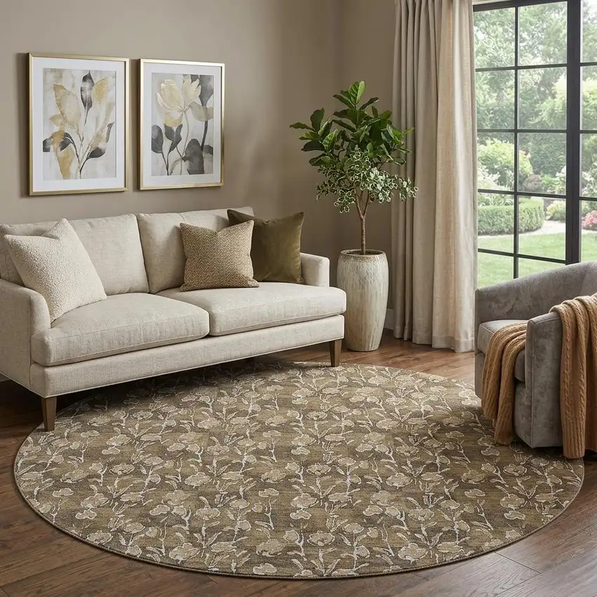 8' Brown And Ivory Floral Washable Round Rug With UV Protection Photo 1