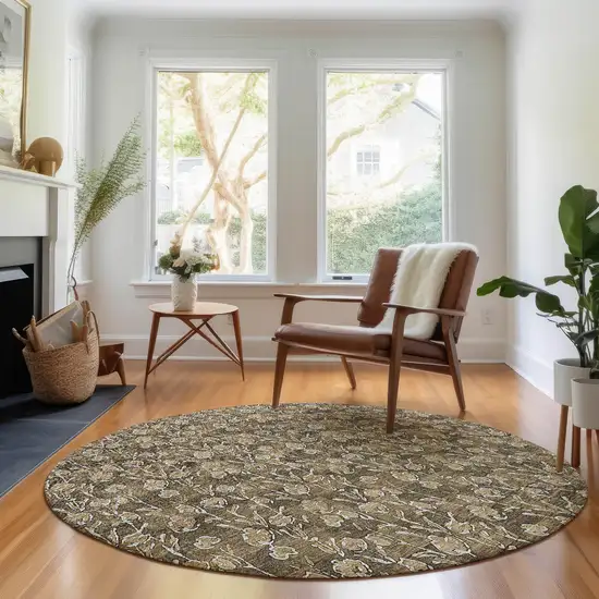 8' Brown And Ivory Floral Washable Round Rug With UV Protection Photo 5