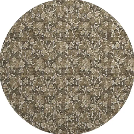 8' Brown And Ivory Floral Washable Round Rug With UV Protection Photo 3