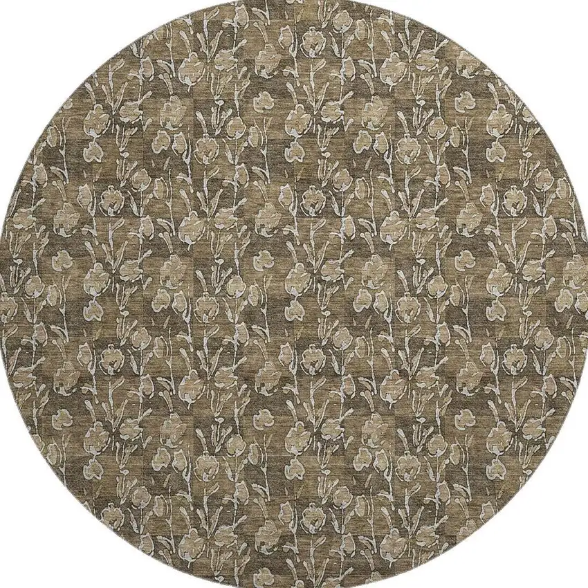 8' Brown And Ivory Floral Washable Round Rug With UV Protection Photo 3
