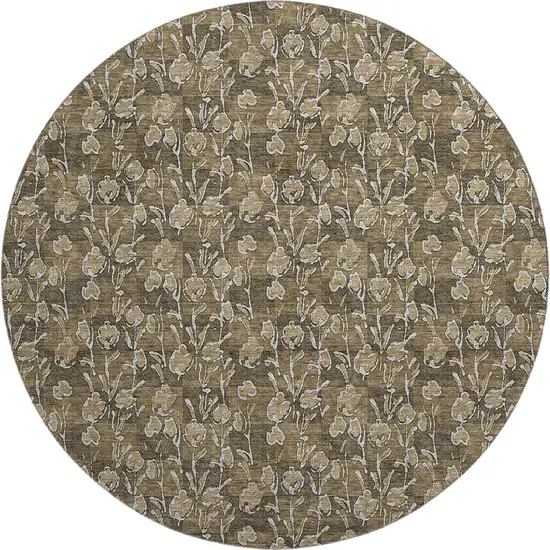 8' Brown And Ivory Floral Washable Round Rug With UV Protection Photo 1