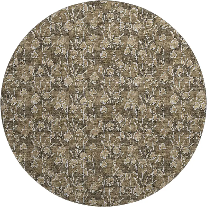 8' Brown And Ivory Floral Washable Round Rug With UV Protection Photo 1