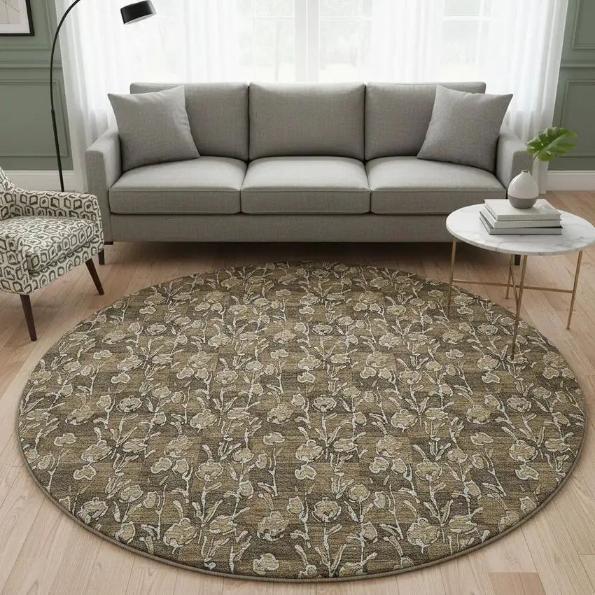 8' Brown And Ivory Floral Washable Round Rug With UV Protection Photo 2
