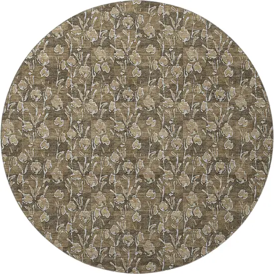 8' Brown And Ivory Floral Washable Round Rug With UV Protection Photo 4