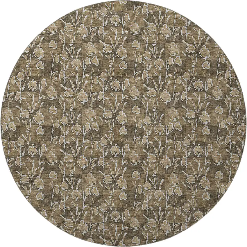 8' Brown And Ivory Floral Washable Round Rug With UV Protection Photo 4