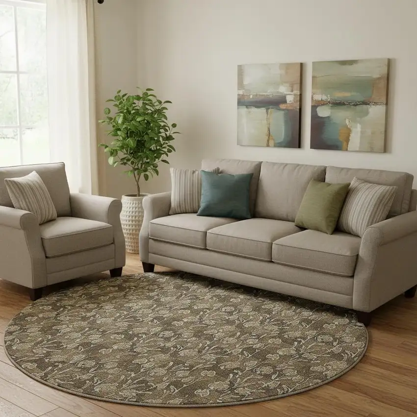 8' Brown And Ivory Floral Washable Round Rug With UV Protection Photo 1