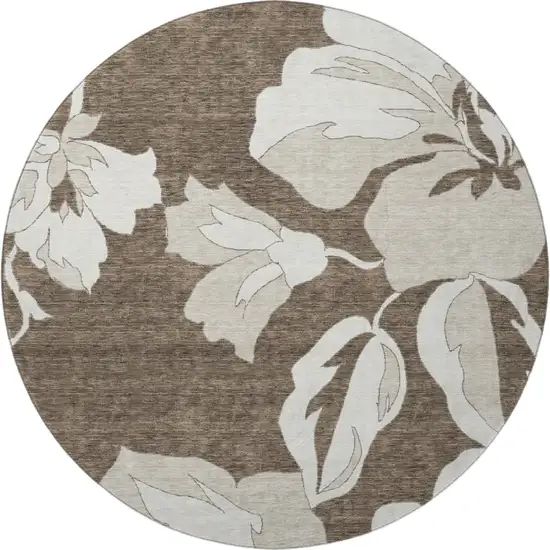 8' Brown And Ivory Floral Washable Round Rug With UV Protection Photo 4