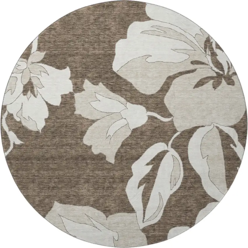 8' Brown And Ivory Floral Washable Round Rug With UV Protection Photo 4