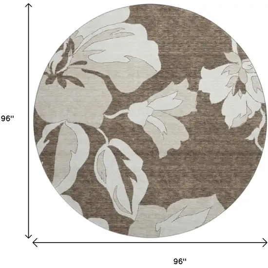 8' Brown And Ivory Floral Washable Round Rug With UV Protection Photo 8