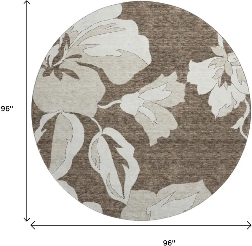 8' Brown And Ivory Floral Washable Round Rug With UV Protection Photo 8