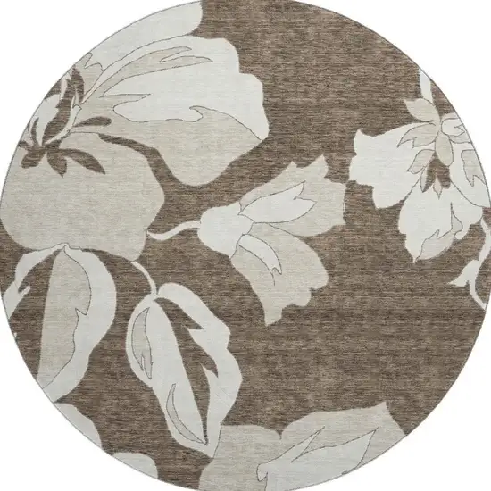 8' Brown And Ivory Floral Washable Round Rug With UV Protection Photo 3